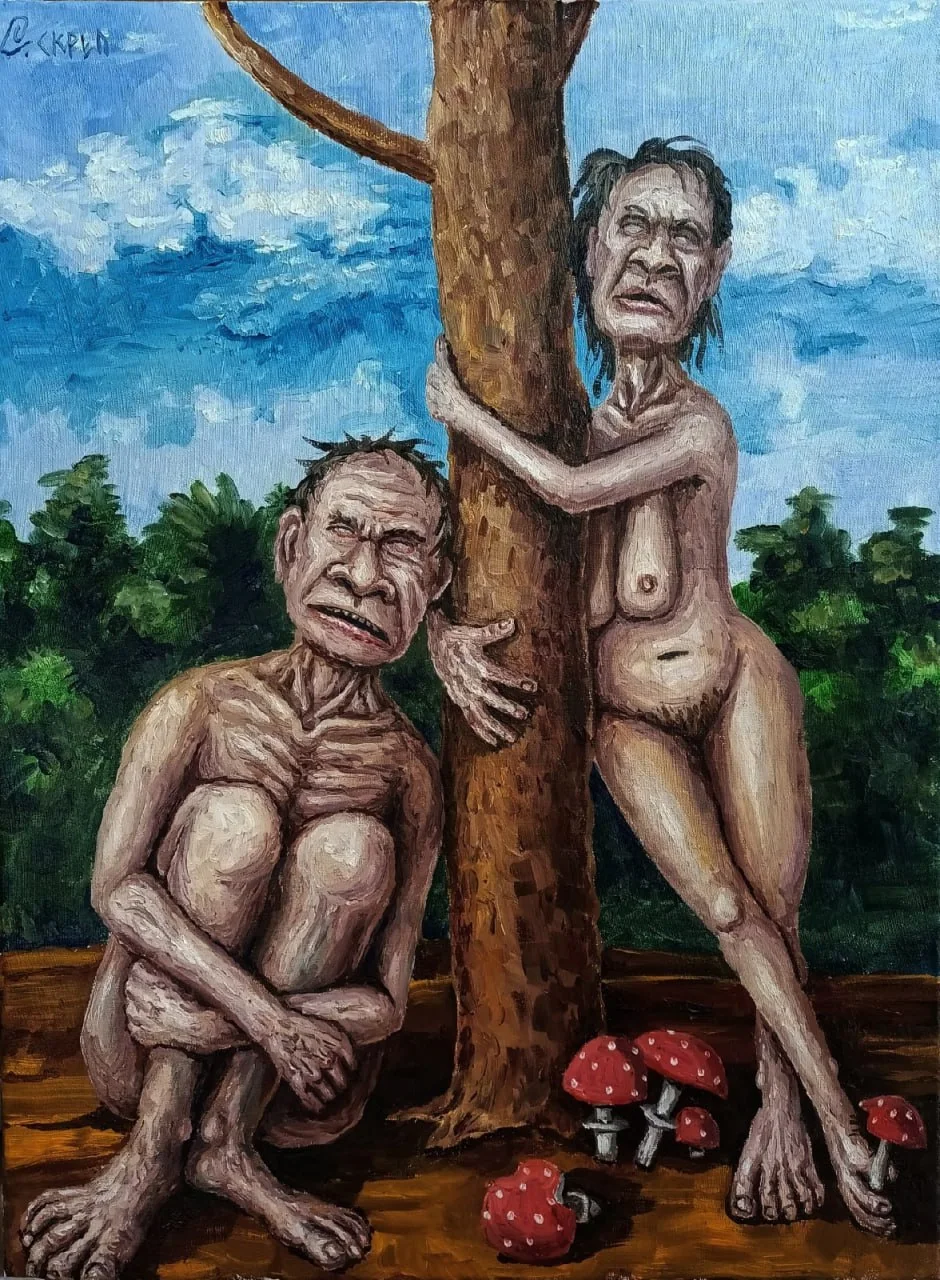 Adán y Eva saborean los frutos redondos que dan el conocimiento de la esencia de las cosas